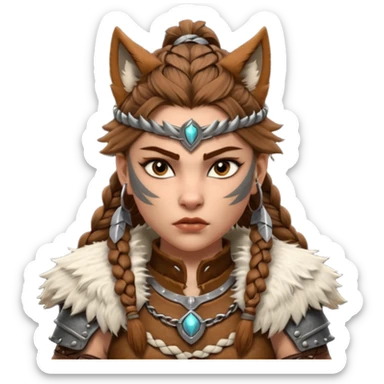 barbarian woman wolf rider portrait, head and shoulders only, fierce female warrior, fur-lined barbarian armor collar, wolf fur details, wild braided hair, intense eyes, tribal warrior vibe, fantasy style, 3D cartoon, mobile game icon style, clean background, no text, no watermark
 sticker