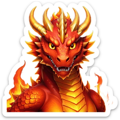 cinematic-noble-fierce-fire-dragon-portrait-emoji,-poised-and-imposing,-with-a-muscular,-scaled-body-ablaze-in-fiery-hues-of-crimson,-molten-orange,-and-molten-gold,-and-intense,-burning-eyes-that-mirror-the-heart-of-a-volcano;-rendered in detail sticker