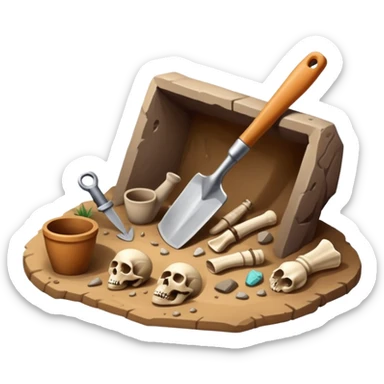 An icon featuring an excavation site with a trowel and ancient artifacts, like pottery and bones, scattered around. The design includes a partially uncovered fossil and a digging brush, symbolizing the discovery of history through archaeology. Transparent background  sticker