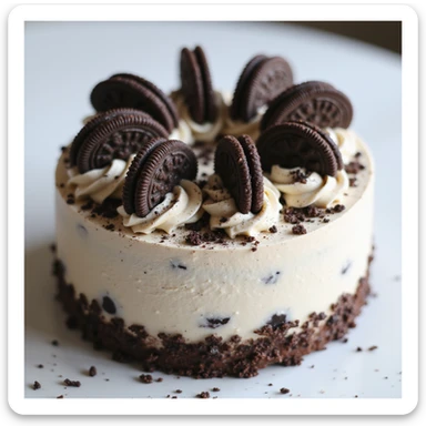 realistic round cake with cookies and cream frosting and cookie crumbles, photorealistic style sticker