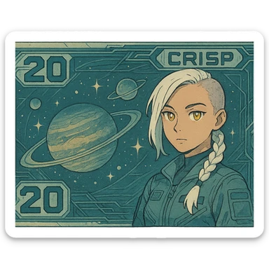 a banknote bill. full frame close up of a "20 crisp" banknote. futuristic, cyberpunk. stellar and planetary style designs adorn the bill. the face pictures is a woman in her 20's, gold yellow eyes, white hair in a single long braid, side of head shaved. she wears a military flight bdu. the final design shape is a 2:1 rectangle sticker