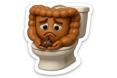 emoji stile iphone di un intestino realistico 3d che esce dal wc con in mano una montagnetta di feci con espressione triste a palline, iperrealistico 4k sticker