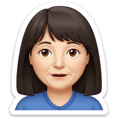 60 yr old woman, long hair to waist, very small brown eyes, long hair, straight dark brown hair, bangs, chubby, long face, very tired but happy sticker