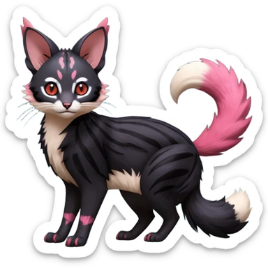 Hyper realistic  void-black fur haunted by crimson neon pulse-lines like living circuitry beautiful elegant pretty precious cute  Fakémon-Pokémon-opossum-feline-serval-caracal-chinchilla-Furret-Minccino-hybrid-creature with a big fluffy bushy tail (full body) sticker