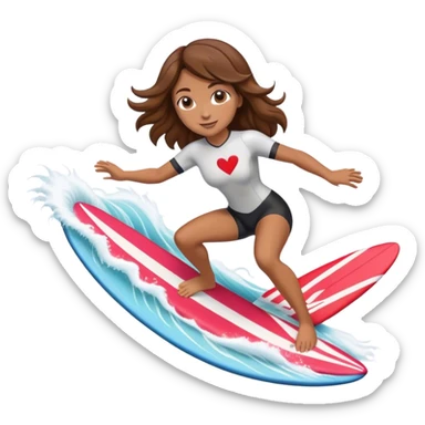Woman with brown hair surfing wave in 3d heart sticker