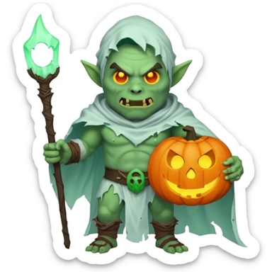 male orc warrior ghost emoji, green skin, tusks, wearing torn white ghost sheet costume, holding glowing jack-o'-lantern, faint blue aura, friendly but spooky expression, Halloween fantasy theme, Apple emoji style, clean white background, square sticker