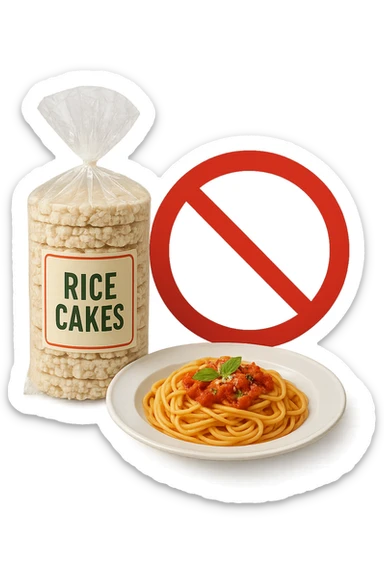 confezione di gallette di riso con accanto un piatto di pasta con divieto sopra, in italiano,  realistici sticker