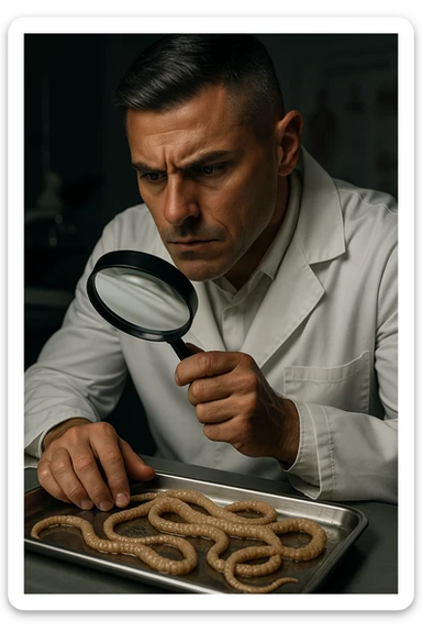 A middle-aged male kinesiologist wearing a pristine white lab coat, intensely analyzing long, beige tapeworms (like Taenia) under a magnifying glass. His expression is focused and slightly concerned, with dramatic studio lighting casting sharp shadows. The parasites are highly detailed, moist, and textured, stretched across a sterile metal tray. The background is blurred but suggests a clinical environment—hints of a microscope, medical charts, and clean lab equipment. The style is hyper-realistic, with a cinematic contrast between the bright white coat and the grotesque, organic forms of the parasites. No sci-fi elements, just raw medical realism with a disturbing edge sticker