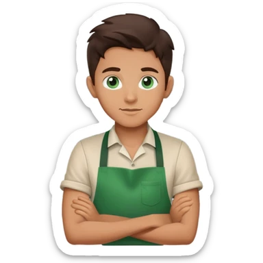 blue eyed brunette barista boy with green apron sticker