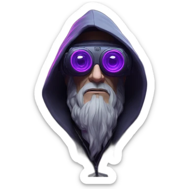 Gandalf wearing a black hoodie with "OMG" letters on it and VR headset in a cyberpunk VR environment with violet neon lighting. sticker