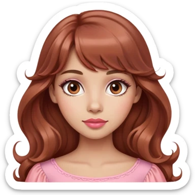 cute woman, light tan skin, big brown eyes, very long princess wavy auburn hair, bangs, pink top, coral lipstick sticker