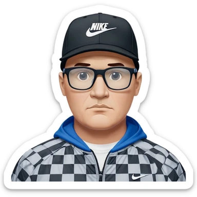 50-year-old heavyset man with very wide face and prominent square jawline wearing a black Nike baseball cap with visible Nike swoosh logo. Large dark square glasses. Serious-relaxed expression. Light gray jacket that fits his larger frame, white shirt with blue checkered pattern. sticker