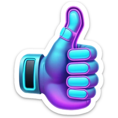 futuristic glowing thumbs up, neon purple and cyan light, dark background, digital tech style sticker