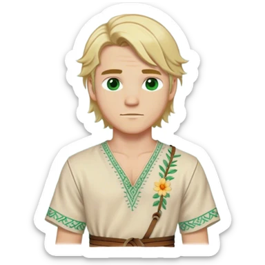 Medieval summer outfit worn by a DnD themed fantasy male character. Light cotton tunic in natural cream color with short sleeves, embroidered with simple floral patterns at the hem, paired with a thin leather belt. Clothes only above the waist, full waist coverage. The character has no arms. Character is white-skinned with sun-bleached blonde hair in shoulder-length layers, partially tied back with a leather cord, sea-green eyes, and defined cheekbones. sticker