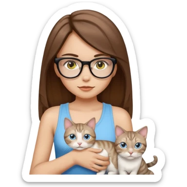iOS-style emoji of a light-skinned girl with straight medium brown hair, black glasses and a white tank top, holding two cats: one white with yellow eyes and one gray tabby Siamese with blue eyes. sticker