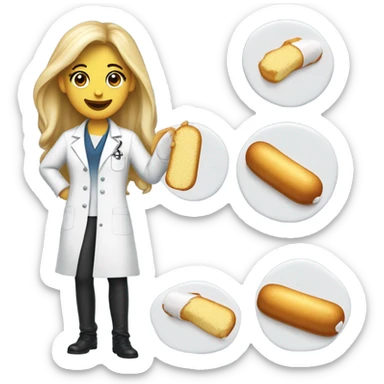 A Twinkie with cream spilling out of it, wearing a lab coat with long female hair and a beautiful female smile sticker