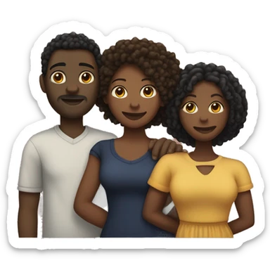 A throuple, with one tall large light skinned black man with dreadlocks, a dark skinned large woman with short afro hair, and a dark skinned nonbinary with short locks, embracing each other, heart emoji sticker