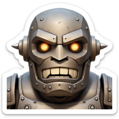 Cinematic Comical Mighty Iron Golem Portrait Emoji Head tilted dramatically with an exaggeratedly amused expression, featuring a bulky, armored form with a slightly lopsided stance, ancient runes flickering erratically, and one massive, jointed hand raised in a slow, deliberate wave. Wide, expressive glowing eyes give it an almost humorous, puzzled look, as if it’s contemplating something far beyond mortal understanding. Rendered with detailed metallic textures and deep, dynamic lighting, high shine, dramatic yet whimsical, styled with a hint of unexpected charm, soft glowing outline, capturing the essence of an endearing yet colossal guardian that looks ready to crack an impossibly slow, earth-shaking joke! sticker