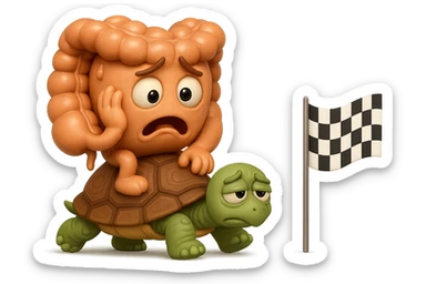  EMOJI STILE IPHONE 3D DI UN INTESTINO CON ESPRESSIONE ANGOSCIATA CHE CAMMINA SEDUTO IN GROPPA SUL GUSCIO DI UNA TARTARUGA IN ATTESA ESTENUANTE DI RAGGIUNGERE UN TRAGUARDO POCO PIù AVANTI, SULLA LORO DESTRA. IL TRAGUARDO è UNA BANDIERA A DUE PIEDI CON FASCIA A SCACCHI BIANCHI E NERI. iperrealistico 4k sticker