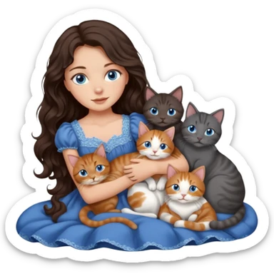 detailed realistic looking a dark grey and white cat regally laying with six other cats, cuddling with their owner in bed who is a pretty bratz lightly tanned white girl with long dark brown hair, blue eyes and gorgeous long wavy hair wearing a pretty detailed dress sticker