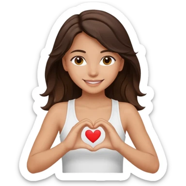 tan wavey dark long brown haired brown eyed girl making a heart with her hands wearing a white tank top and smiling pretty sticker