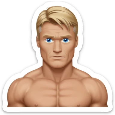 Dolph Lundgren with blue eyes, dark blonde hair, shirtless sticker