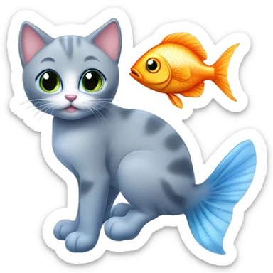 blue eyes grey kitten and fish sticker