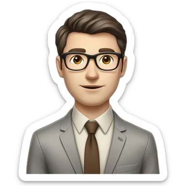 Pale skinned fit man with dark brown hair in gray jacket, beige office shirt, brown tie, brown pants and vintage glasses Writing on the flipchart sticker