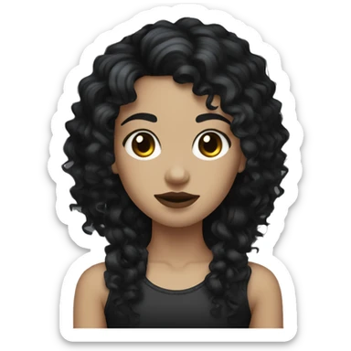 Goth girl with light to medium skin tone, dark brown eyes, and a black curly mullet sticker