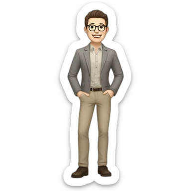 Joyful Full height Pale skinned Fit Man With dark brown hair in gray jacket, beige office shirt, Brown pants and vintage glasses. His thrumbs up sticker