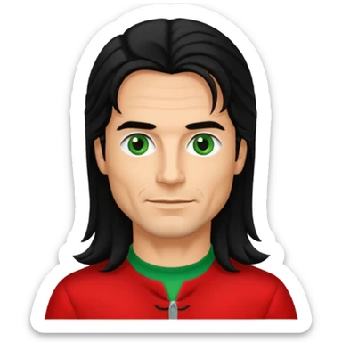 Robert Pilatus, German Singer (1964-1998) with tan skin, long black hair, green eyes, red outfit sticker