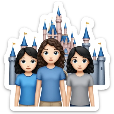 Castillo de Disney y por detrás o delante pon a quatro chicas: una con el pelo largo rizado marrón , otra con el pelo muy corto negro, como un chico, otra con el pelo mediano liso marrón con ojos azulesy otra con el pelo negro largo liso . Todos son color carne.  sticker