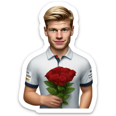 realistic photo of max verstappen holding roses and chocolates sticker