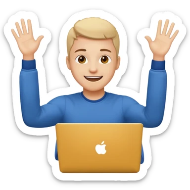 college student smiling in front of a laptop, arms raised in a hooray position, emoji style sticker