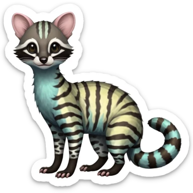 Feral Rare Fantasy iridescent scaly  shaded detailed colorful Genet-Trico-Civet-Cacomistle-Margay-species by LiLaiRa,, with white stripes with dark-blackish points, white belly, random markings, tufted tail, tufted ears, full body sticker