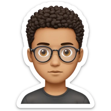 Young Latino man with small oval face, big forehead, aviator glasses, shaved sides with short curly hair on top, neutral-friendly expression, brown skin, black t-shirt sticker