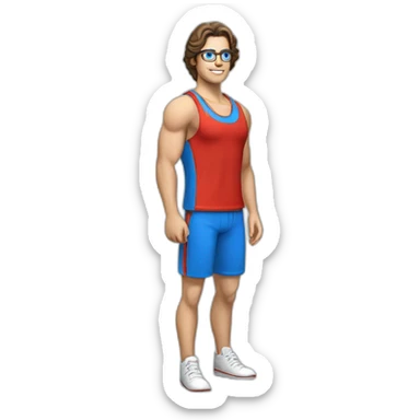retro 70s blue and red gym clothes for a modern white brunette uni male student with glass sticker