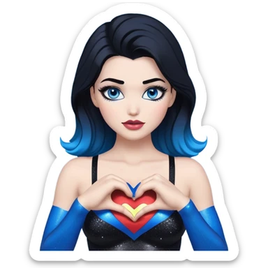 very very very large chest-hands heart emoji-tall-stunning beautiful face-black leggings-hands making heart emoji-glitter lips-very long straight-dark-black to blue ombre hair-and-blue-eyes-thick-black-eyeliner-thick-long-eyelashes-sky blue with glitter superman logo bra sticker