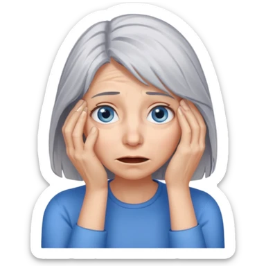 young woman with gray hair and blue eyes and 1 palm of hand covering face in exasperation sticker