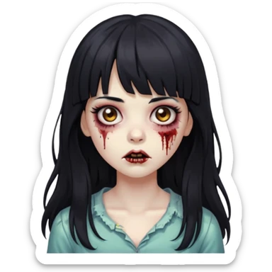 Zombie girl, black hair with bangs, slightly wavy, very long hair,long eyelashes, black eyes,iOS style sticker