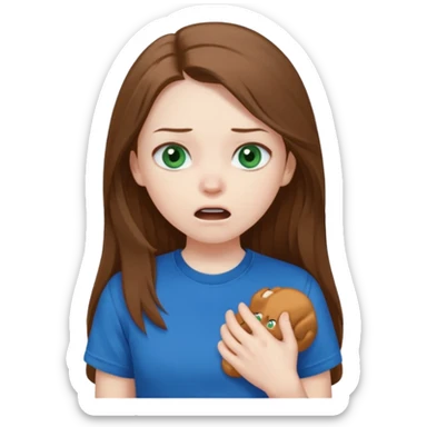 Cute girl with pale skin, long brown hair, dark green eyes and blue t shirt who is chocked sticker