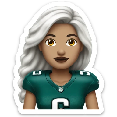 White female long dark hair red lips wearing Philadelphia Eagles jersey sticker