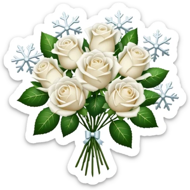 A bouquet of white roses, adorned with Christmas snowflakes sticker