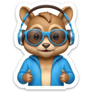 A high-detail 3D cartoon emoji of a cool chipmunk wearing oversized glowing blue DJ headphones and white retro sunglasses, expressive smirk, vibrant colors, white background, high gloss. sticker