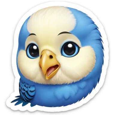 cinematic-cute-blue-budgie-portrait-emoji,-head-tilted-playfully-and-inquisitively,-featuring-a-brilliant-blue-feathered-fur-and white and black face-with-a-natural-sheen,-round,-sparkling-dark-eyes-filled-with-curiosity,-simplified-yet-irresistibly-adorable sticker