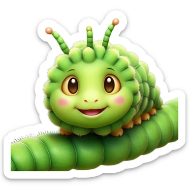 Cinematic Cute Caterpillar Portrait Emoji, Head tilted playfully and inquisitively, featuring a small, fuzzy body with rounded, plump segments, soft, endearing eyes and a charmingly wiggly movement, Simplified yet irresistibly adorable features, highly detailed, glowing with a warm, inviting green glow, high shine, affectionate and lively, stylized with a touch of whimsical woodland charm, soft glowing outline, capturing the essence of a mischievous caterpillar that seems as if it could crawl out of the screen into your arms! sticker