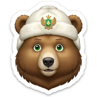 Cute Russian brown bear head with friendly expression and bright green eyes, wearing white furry ushanka hat with realistic double-headed eagle coat of arms centered sticker