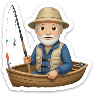 an old white haired, bearded man in fisherman attire, sat in a boat at sea, holding a fishing rod, with the end of the fishing line in the water sticker