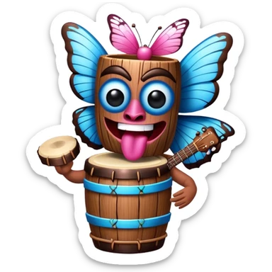Cartoon Blue and pink tiki singing with butterfly and bongos sticker