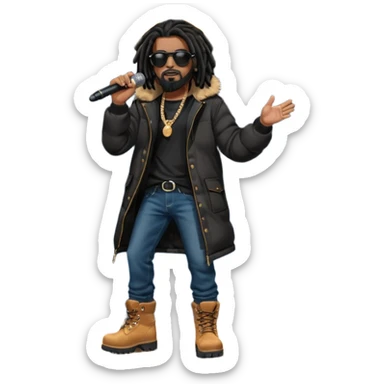 African American man with shoulder length black dreadlocks with black beard wearing dark black sunglasses wearing a black bubble coat wearing denim skinny jeans and timberland boots rapping into a microphone on stage sticker